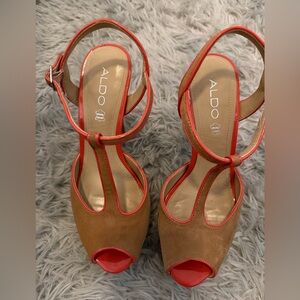 Aldo Tan and Red Peep Toe Heels